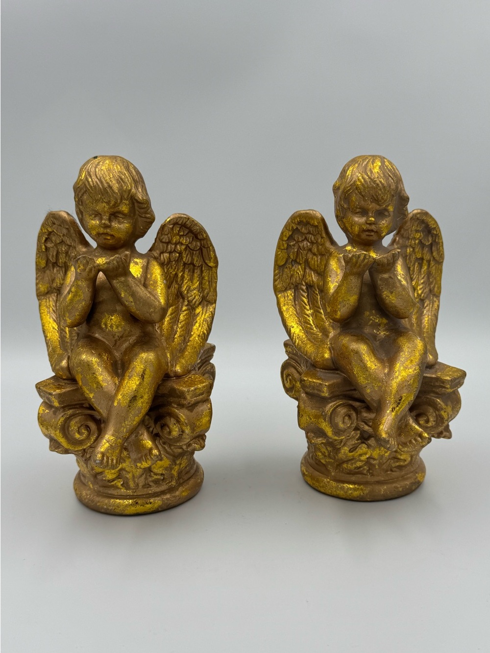 Vintage Gold Cherub Angel Bookends Set 2 Heavy Hollywood Regency 7"